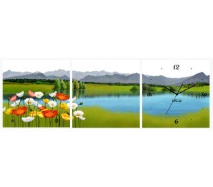שעון קיר בתמונת 3 חלקים של פרחים באגם 