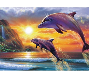 תמונה בשיבוץ אבנים 40*30 סמ -דולפינים בשקיעה